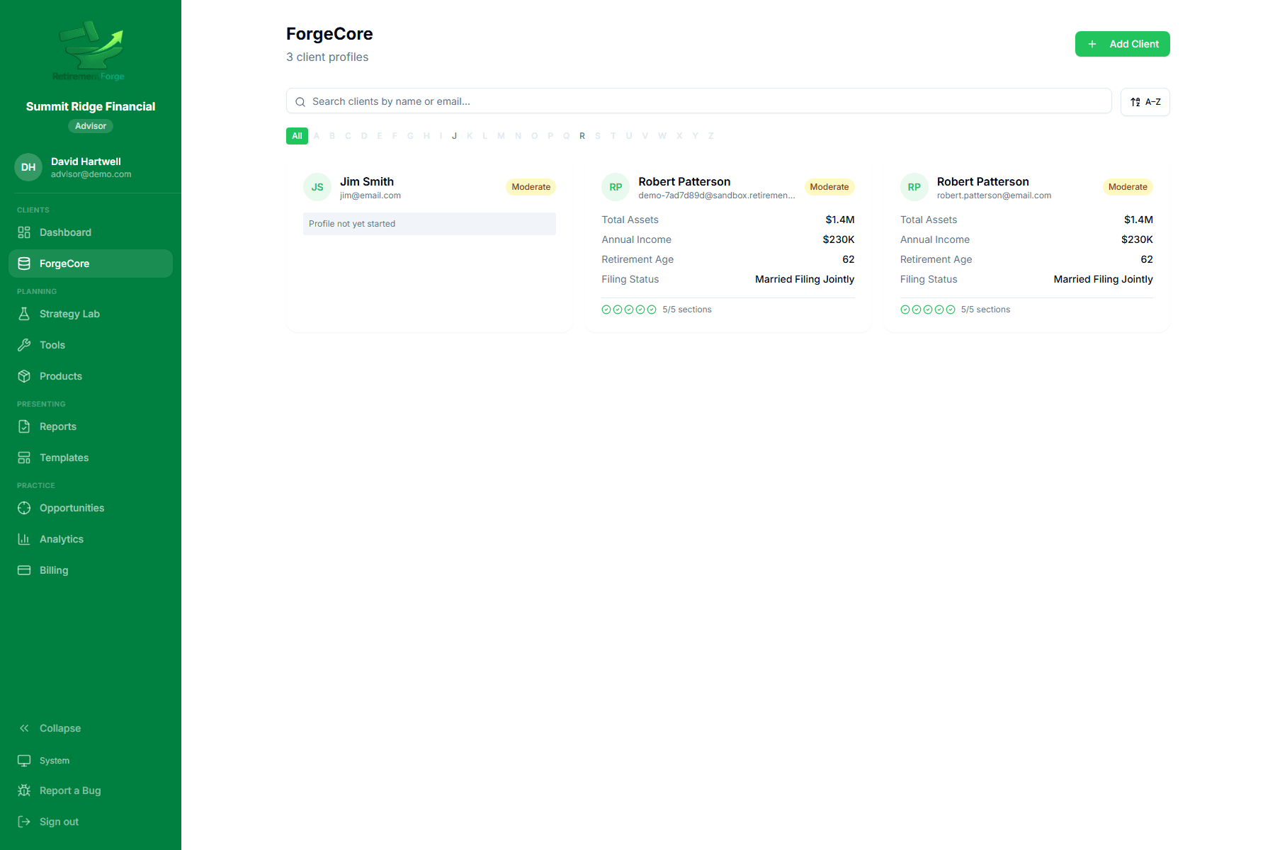 A live session in progress, with synchronized charts updating across the advisor and client views